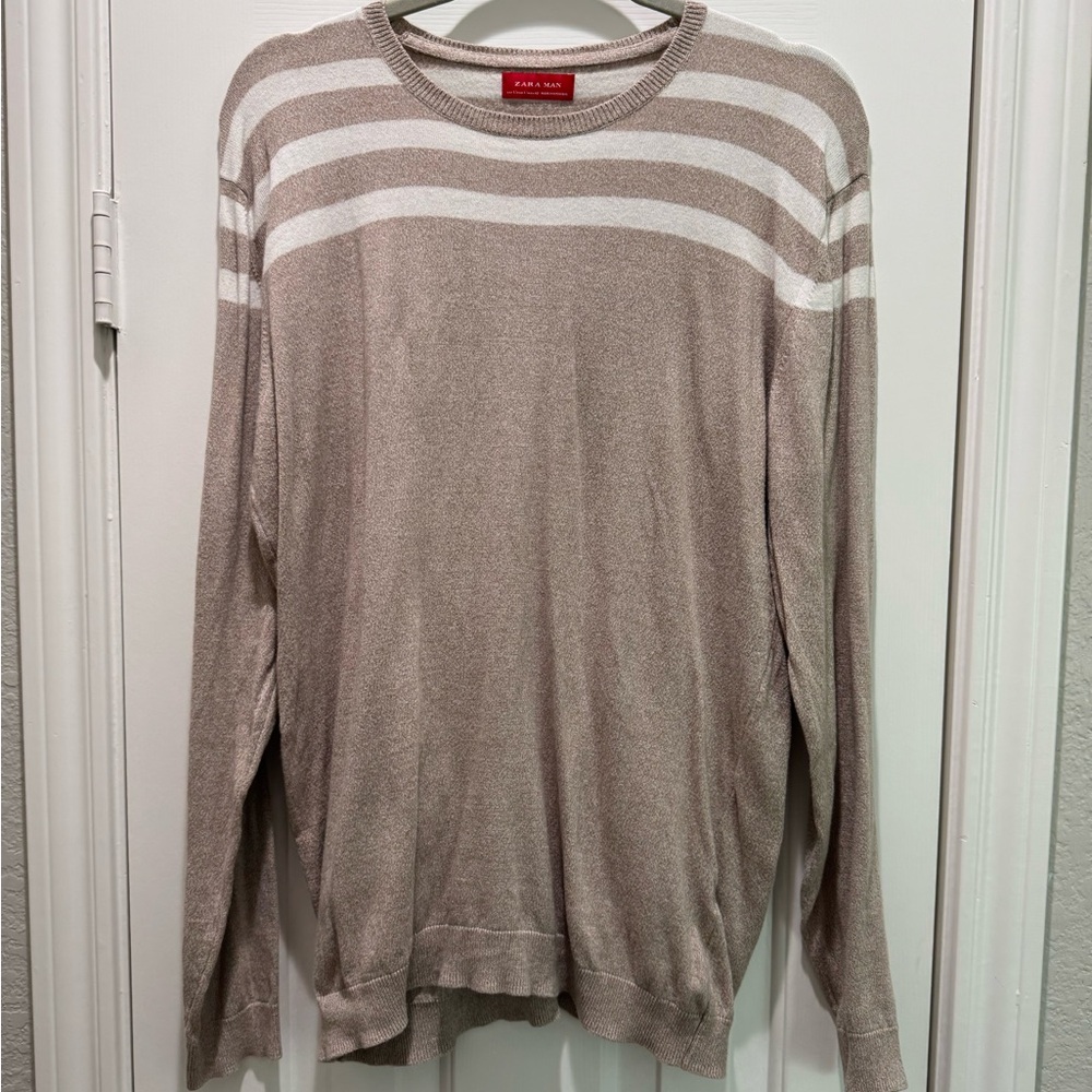 Zara Tan and White Crewneck Sweater Nautical Stripes